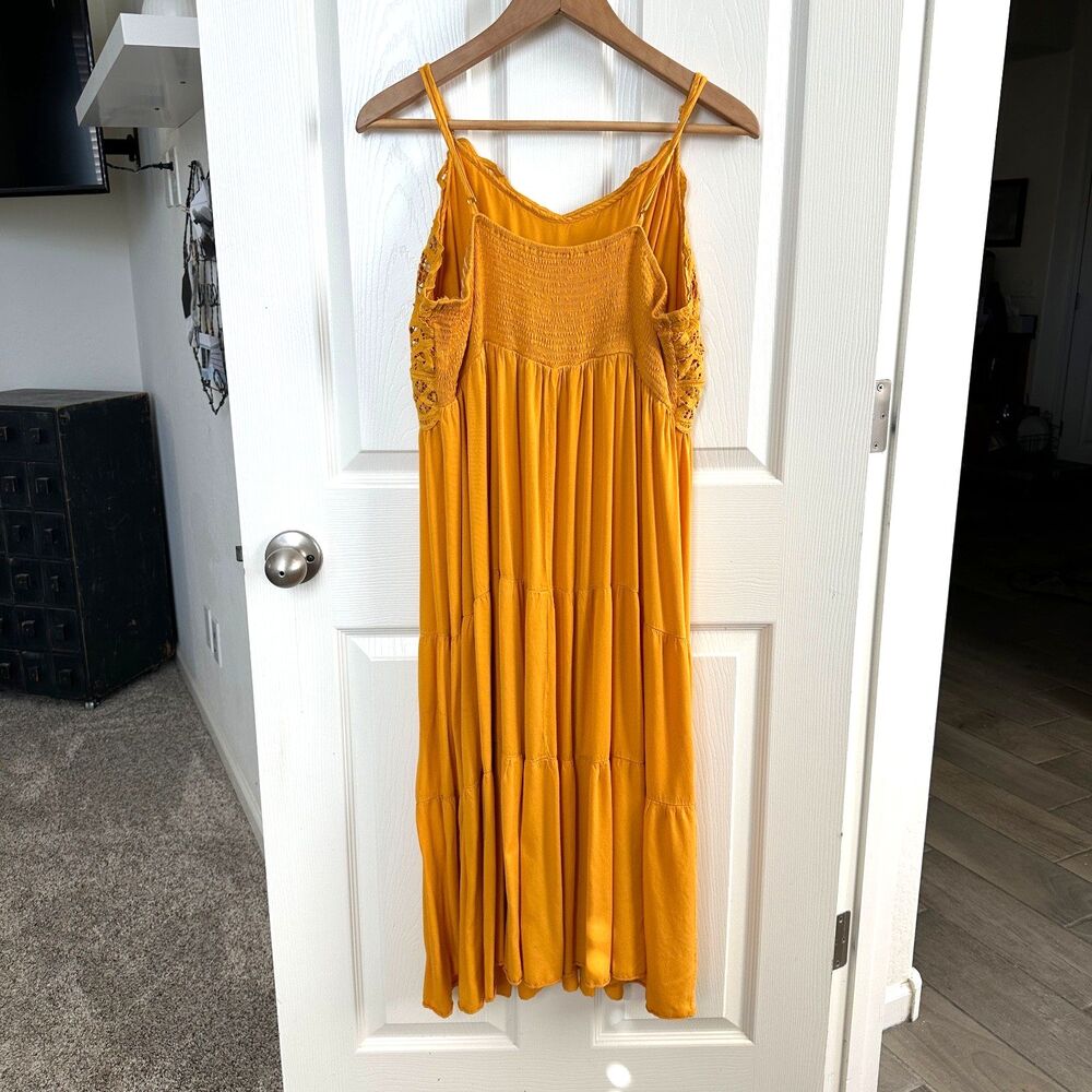 yellow boho crochet lace tiered midi dress spaghetti straps sleeveless size xl - Picture 4 of 10